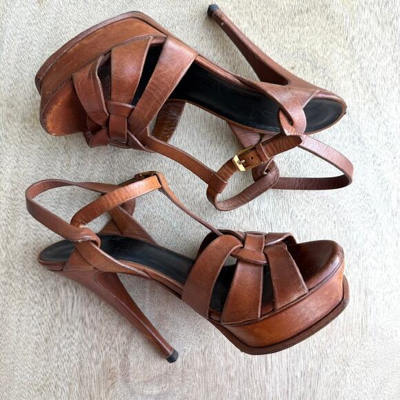 YSL SAINT LAURENT Tribute Platform Sandal Heel Cognac Leather 37.5 Italy Strappy - Picture 12 of 14